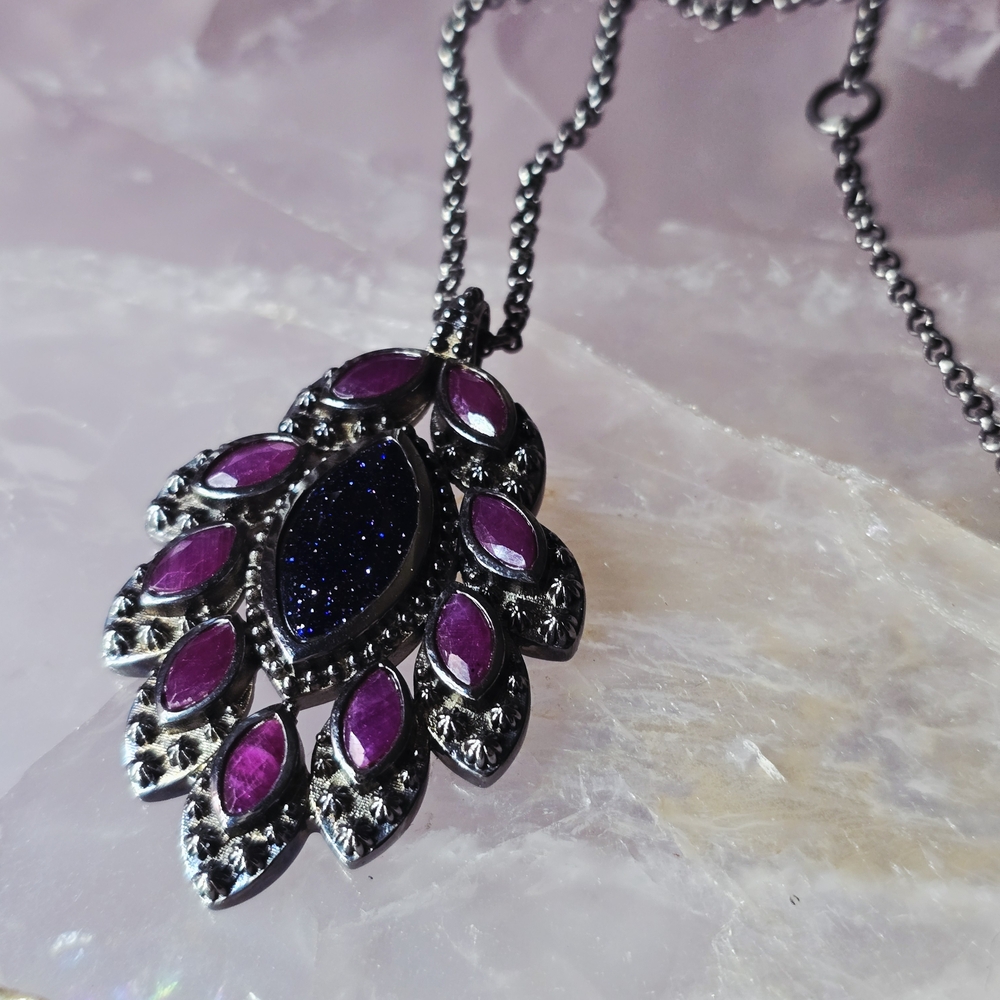 Elegant Genuine Ruby And Black Sunstone and Silver Necklace